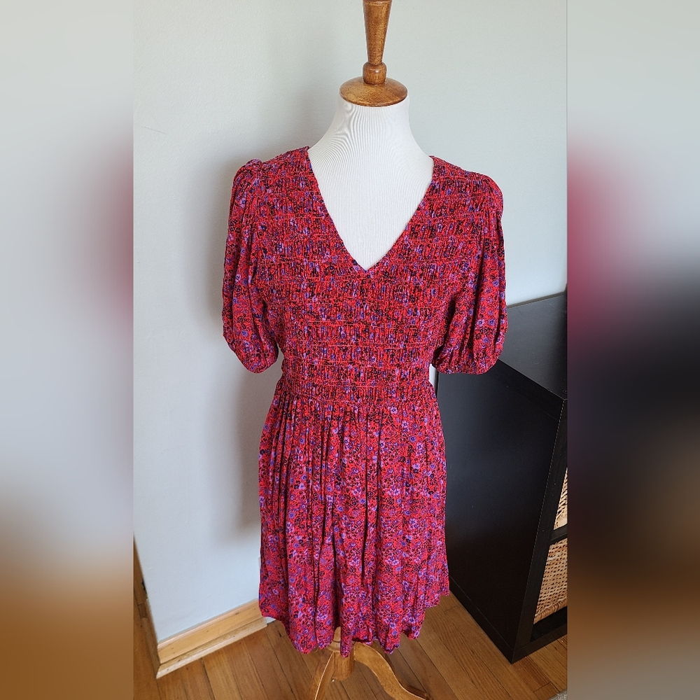 GAP- Satin Smocked Puff Sleeve Mini Dress